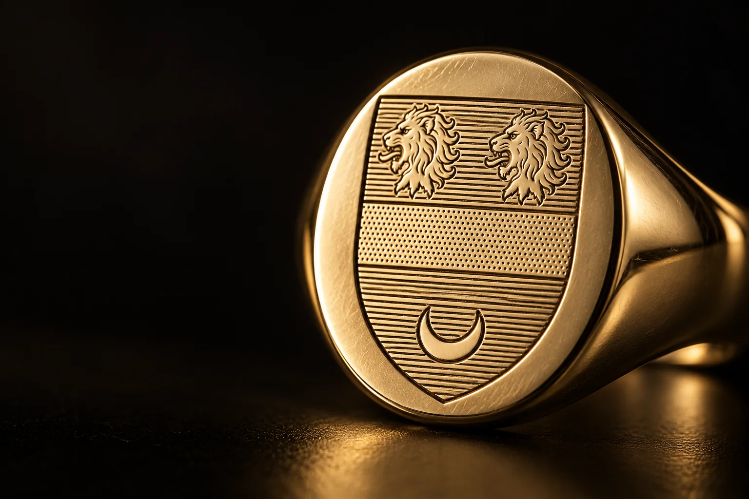 Macro photograph of a 9ct yellow gold oval signet ring, the Hartnett arms engraved on its face, lit from the side against black